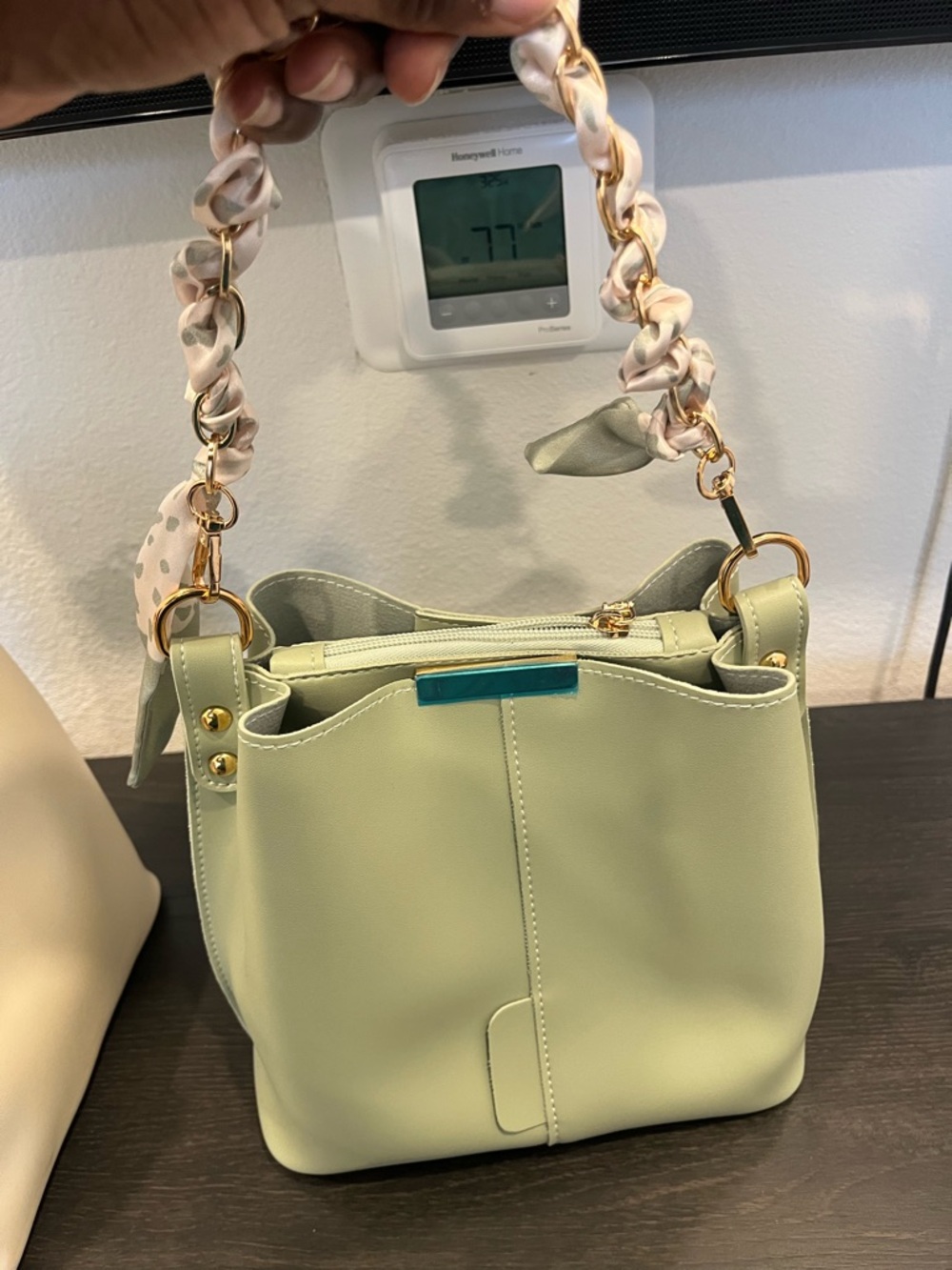 Bucket bag in Mint Green with Scarf-Detail Handle